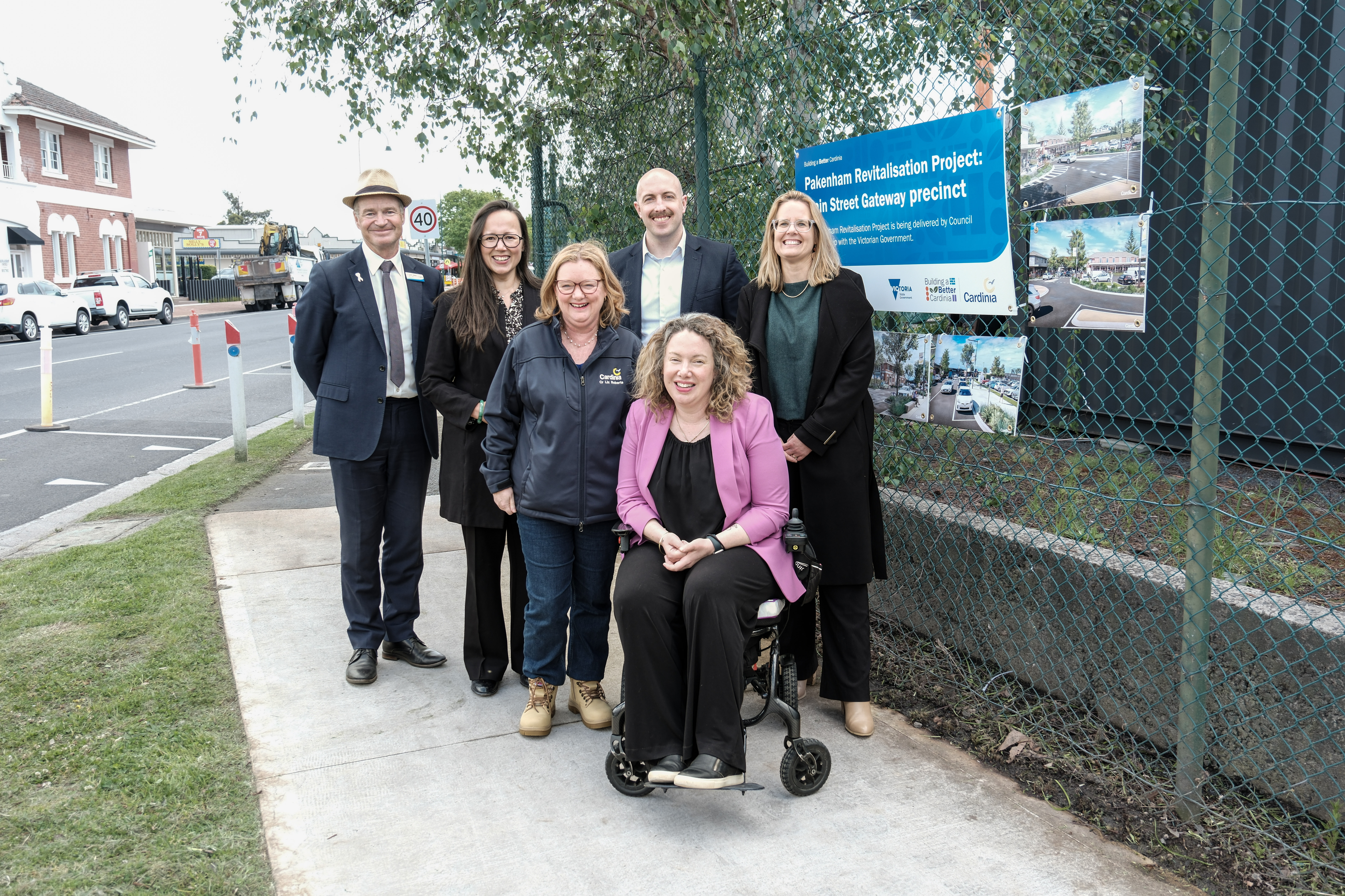 Mayor Cr Jack Kowarzik, Deputy Mayor Cr Alanna Pomeroy, Cr Liz Roberts and Cr Collin Ross were joined Minister Harriet Shing and Emma Vulin MP to officially turn the first sod on the Pakenham Revitalisation project.
