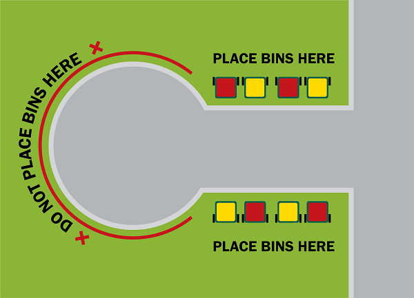 Place the bins in the straight part of the road as it approaches the round part of the street - do not place them in the round part ("bowl") of the street.