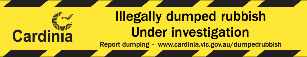 Yellow and black warning tape design: "illegally dumped rubbish under investigation"