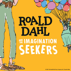 a yellow background with an illustration of a person holding a bunch of balloons, floating away, and on the left a long pair of legs, wearing a green pair of pants and brown shoes.