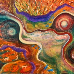 Image of a painting by artist Jadah Pleiter, titled True Blue Dingo. The artwork is exploring the natural landscape of Australia and uses rich, earthy tones.