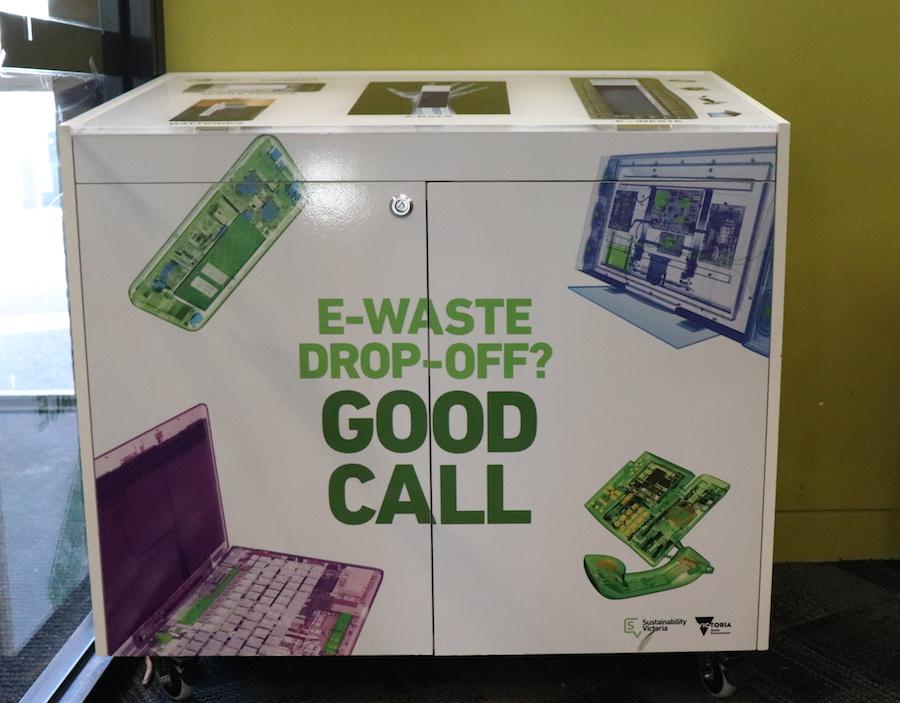 E-Waste drop off point: a large white box with 3 slots on the top