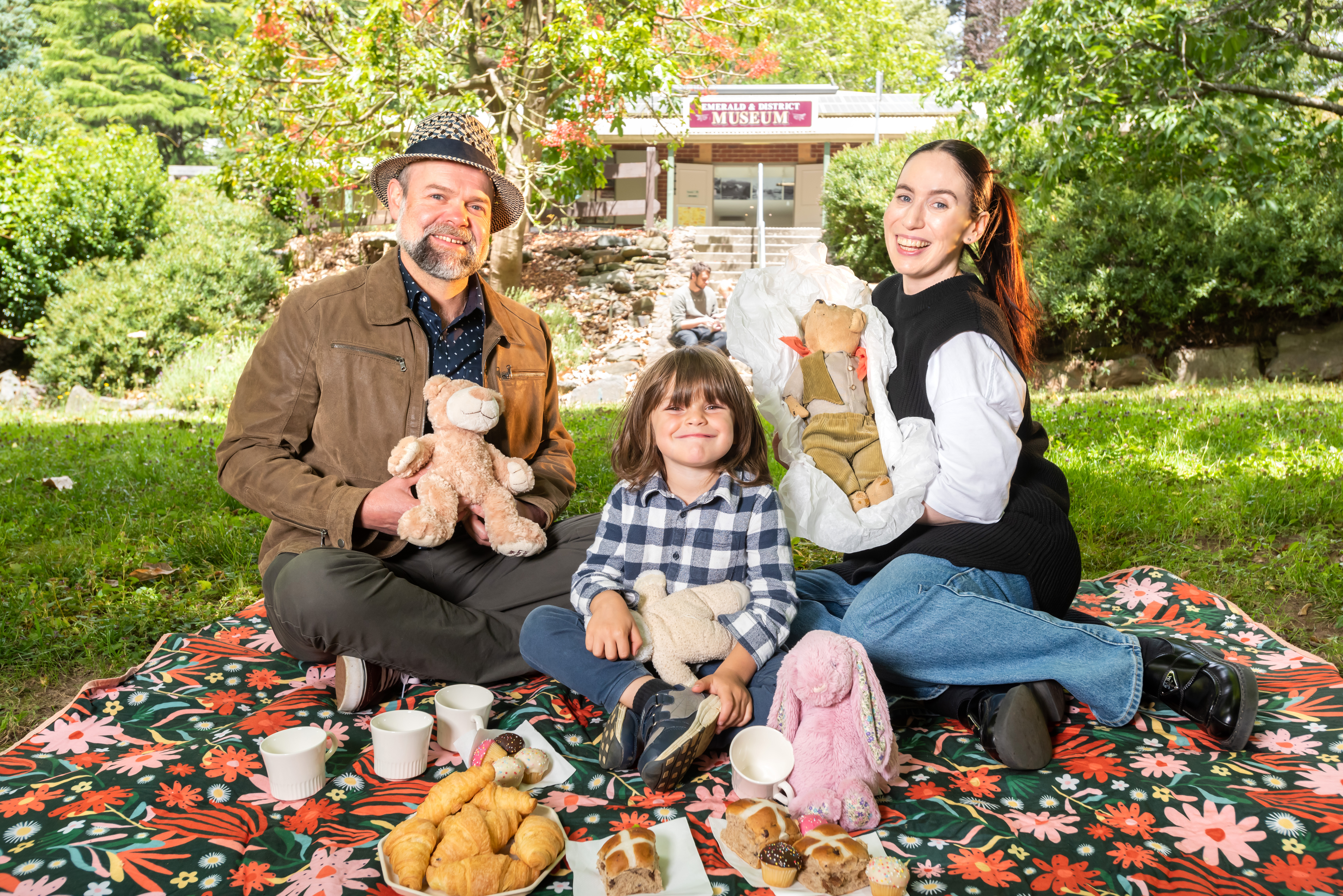 Ranges Ward Councillor Jeff Springfield enjoyed a teddy bears' picnic with his nephew, Leo, and Emerald Museum Officer, Natalie Bradvica, ahead of the Australian Heritage Festival this April.