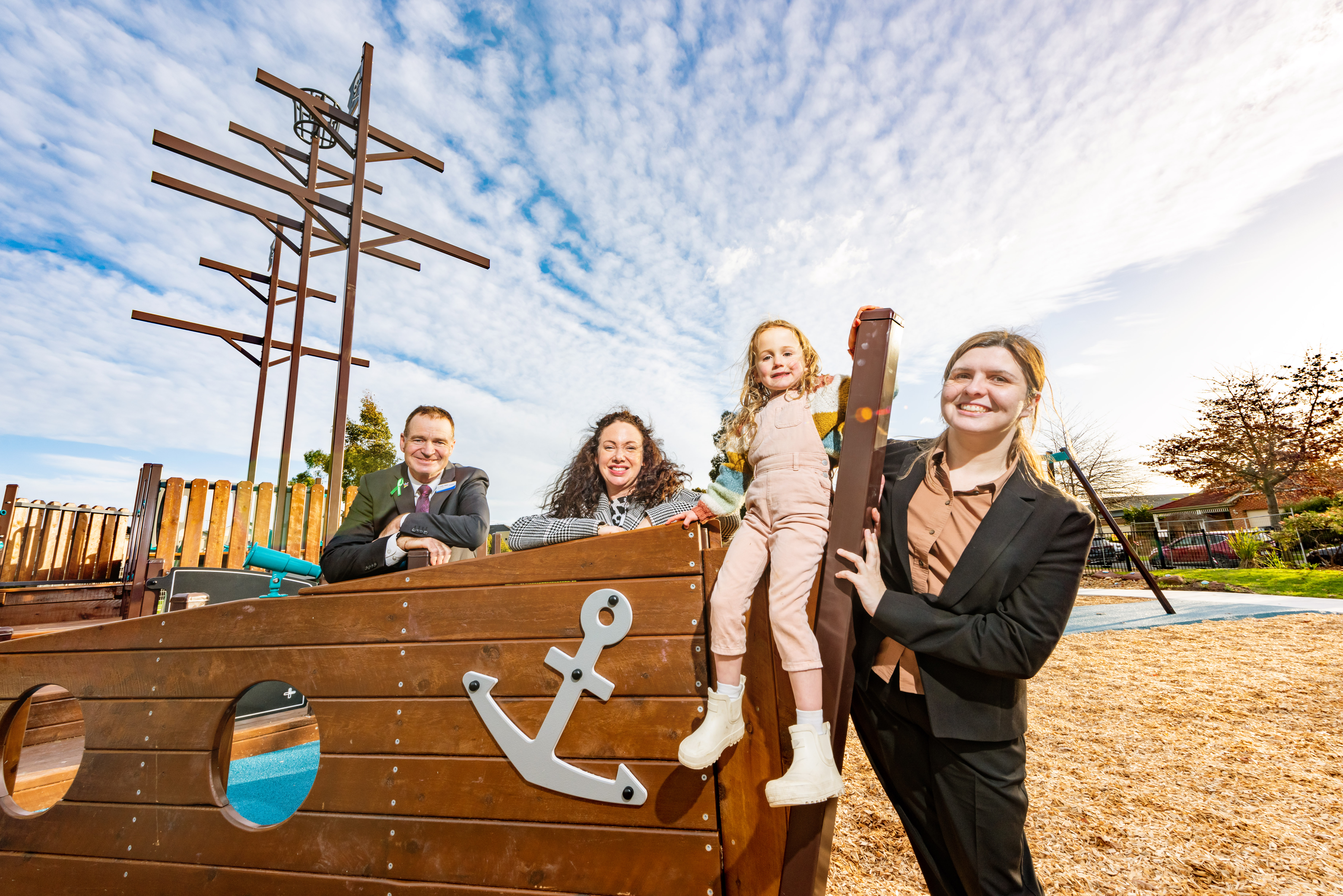 Cr Collin Ross, Emma Vulin MP and Toomuc Ward Councillor Stephanie Davies opening Creekwood Park playground.