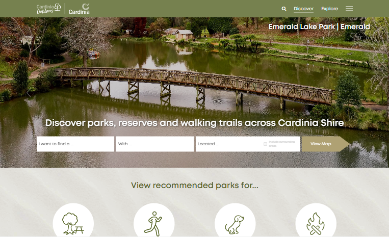 Screenshot of the Cardinia Outdoors website, featuring a search bar to explore outdoor spaces, and category pages.