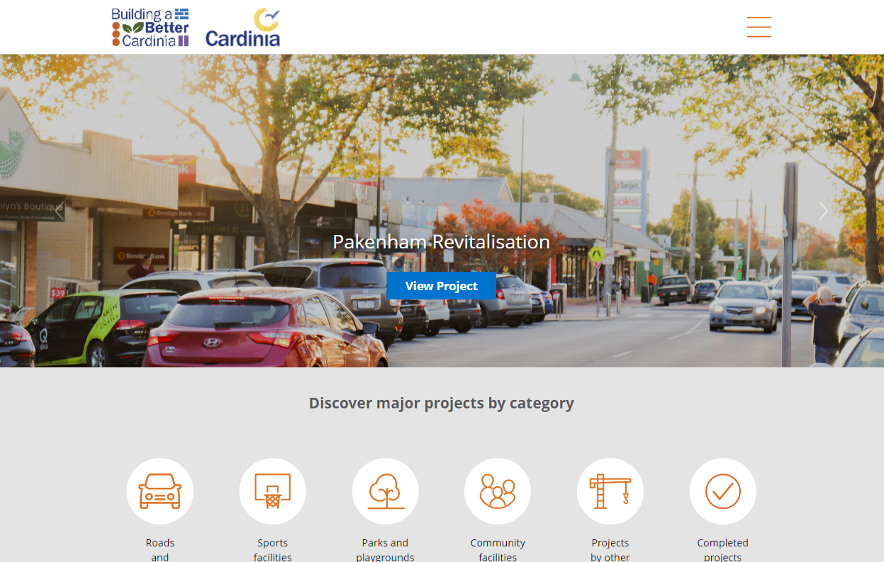 Screenshot of the Building a Better Cardinia site showing project images and a list of categories available on the site.
