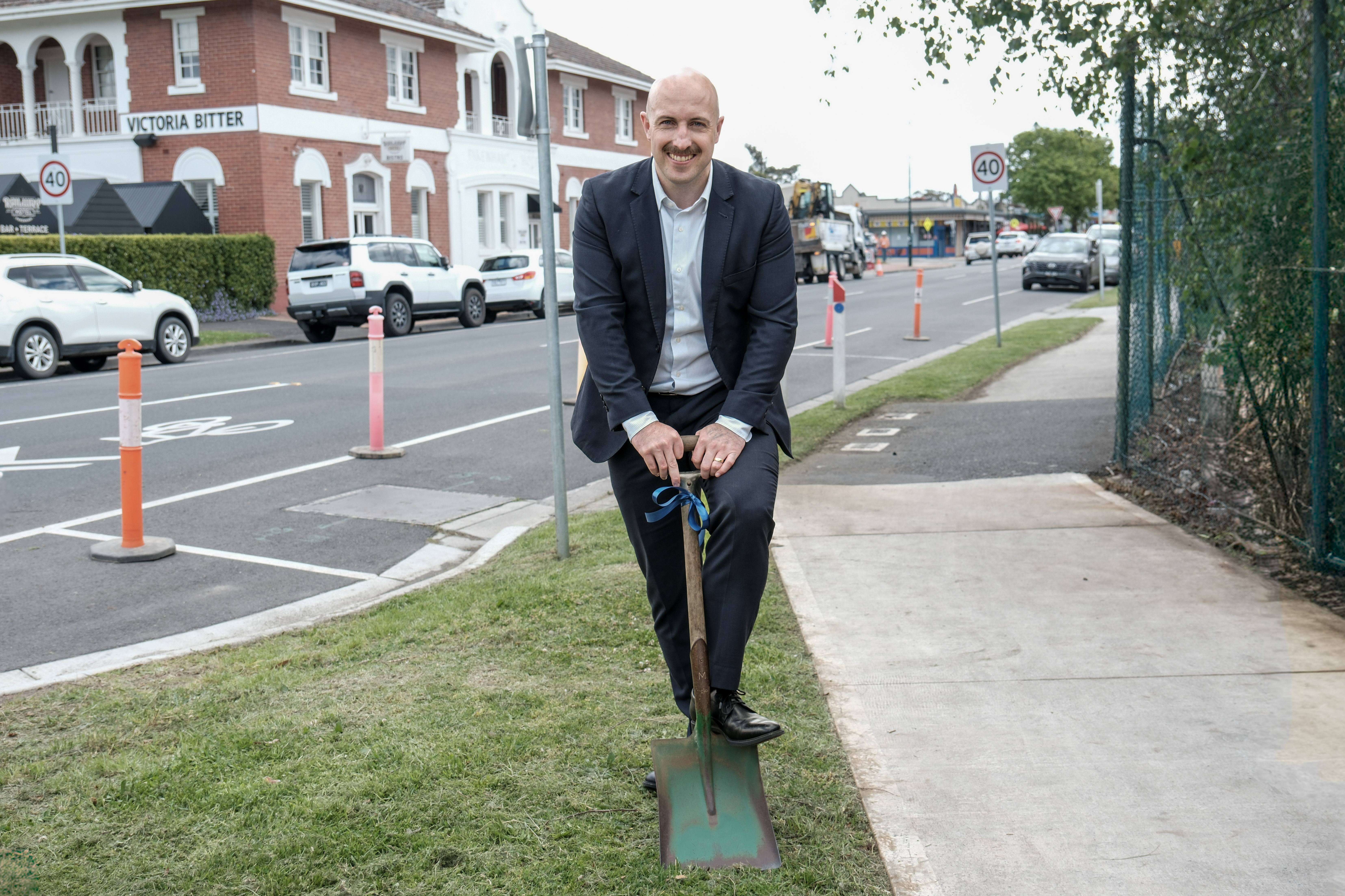 Cardinia Shire Mayor Cr Jack Kowarzik turning the first sod on the Main Street Gateway precinct.