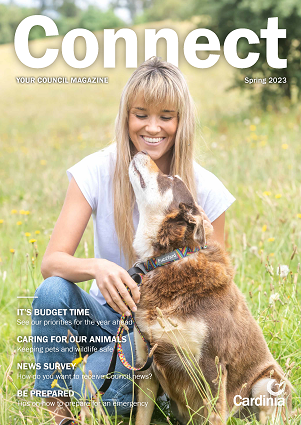 Connect magazine front cover featuring an image of friendly resident smiling next to her pet dog, for a Page 10 story on pets.