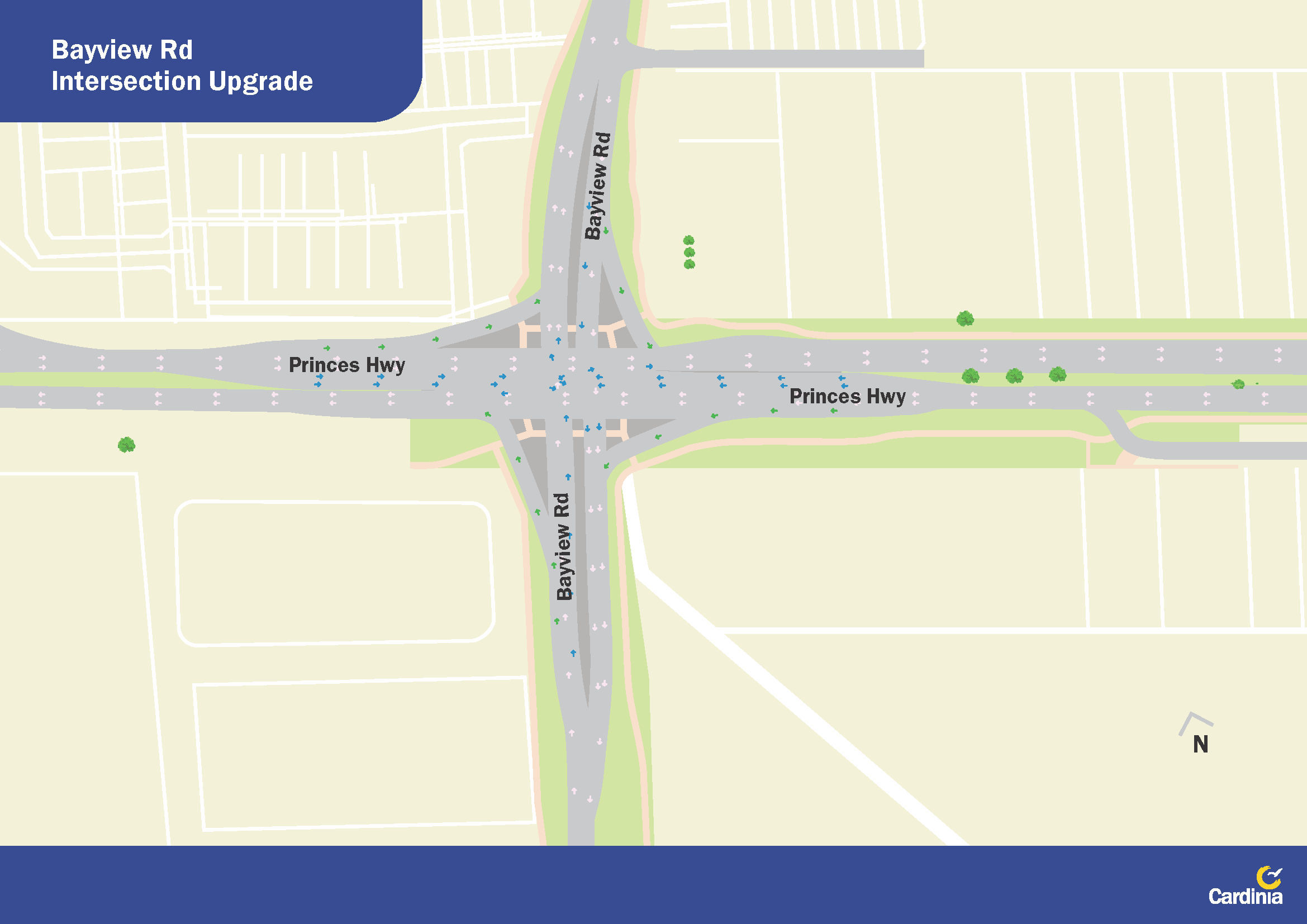 Image shows the final design of the upgraded intersection at Bayview Road and Princes Highway, Officer