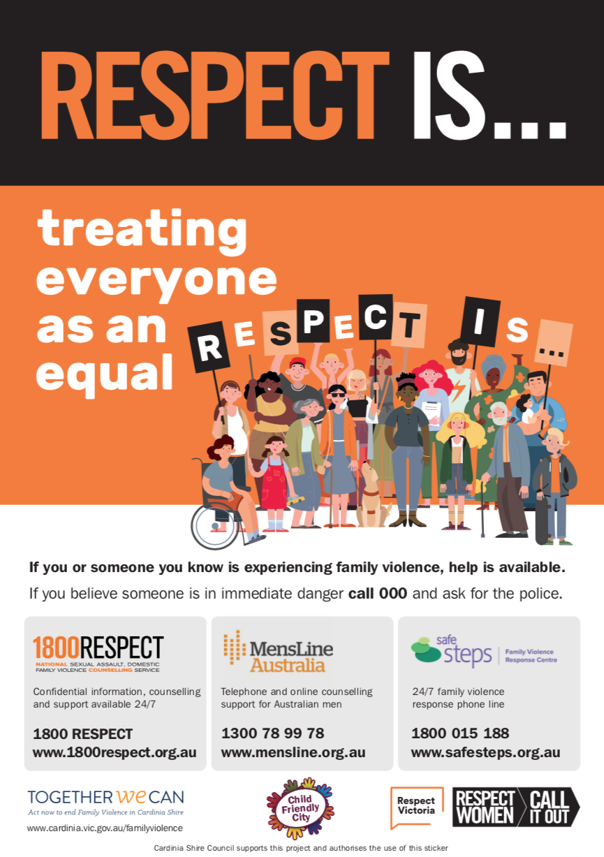 The stickers have been designed in collaboration with Respect Victoria and Council’s Family Violence Action Team to raise awareness of gender equality as well as promoting support services available to those experiencing family violence. 