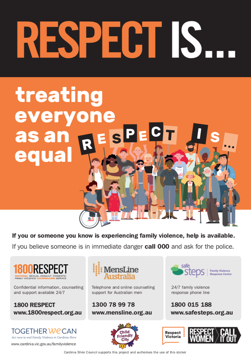The stickers have been designed in collaboration with Respect Victoria and Council’s Family Violence Action Team to raise awareness of gender equality as well as promoting support services available to those experiencing family violence.