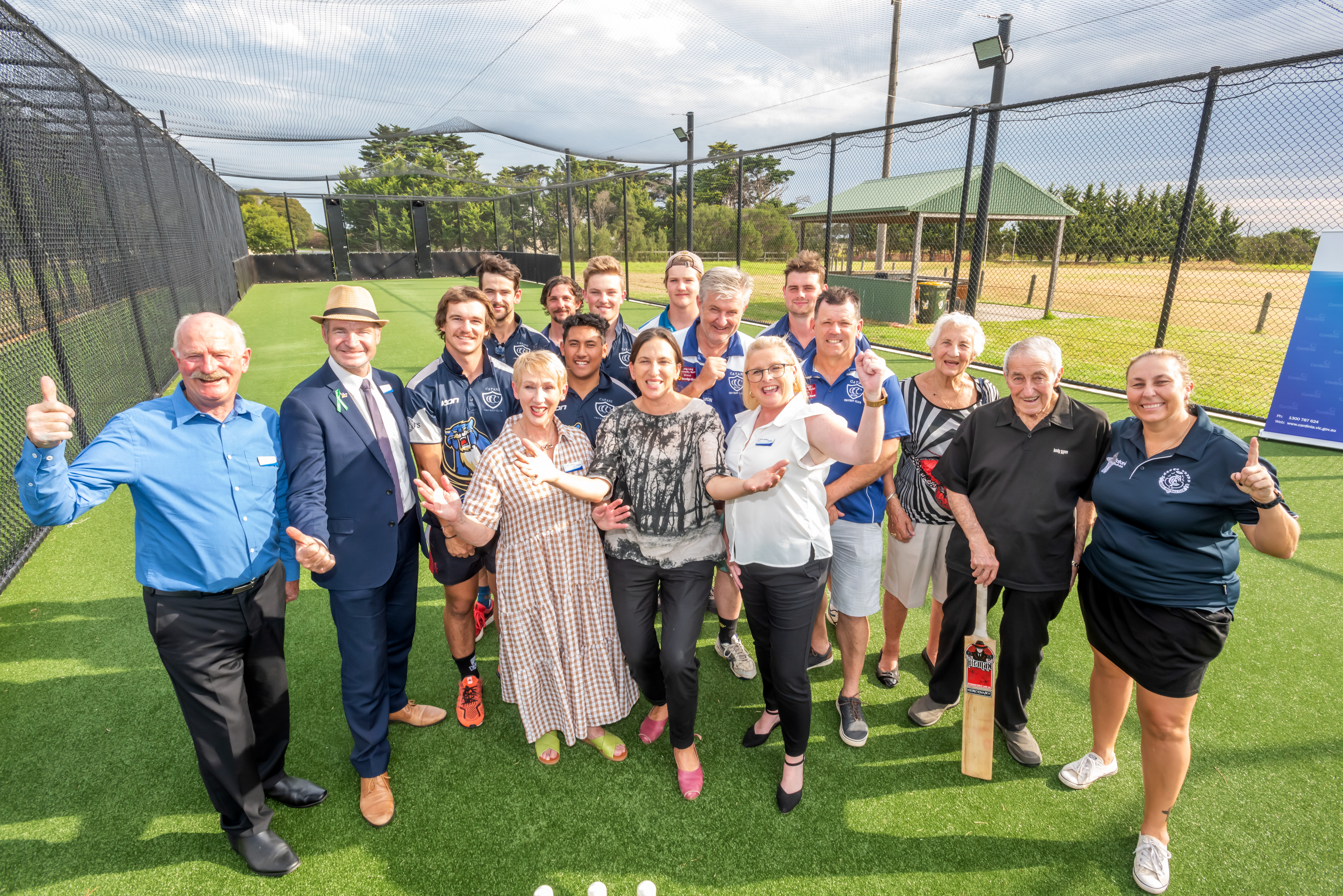 (From left): Cr Graeme Moore, Cr Collin Ross, Cr Kaye Cameron, Jordan Crugnale MP, Mayor Cr Tammy Radford with members of the Catani Cricket and Netball Clubs.