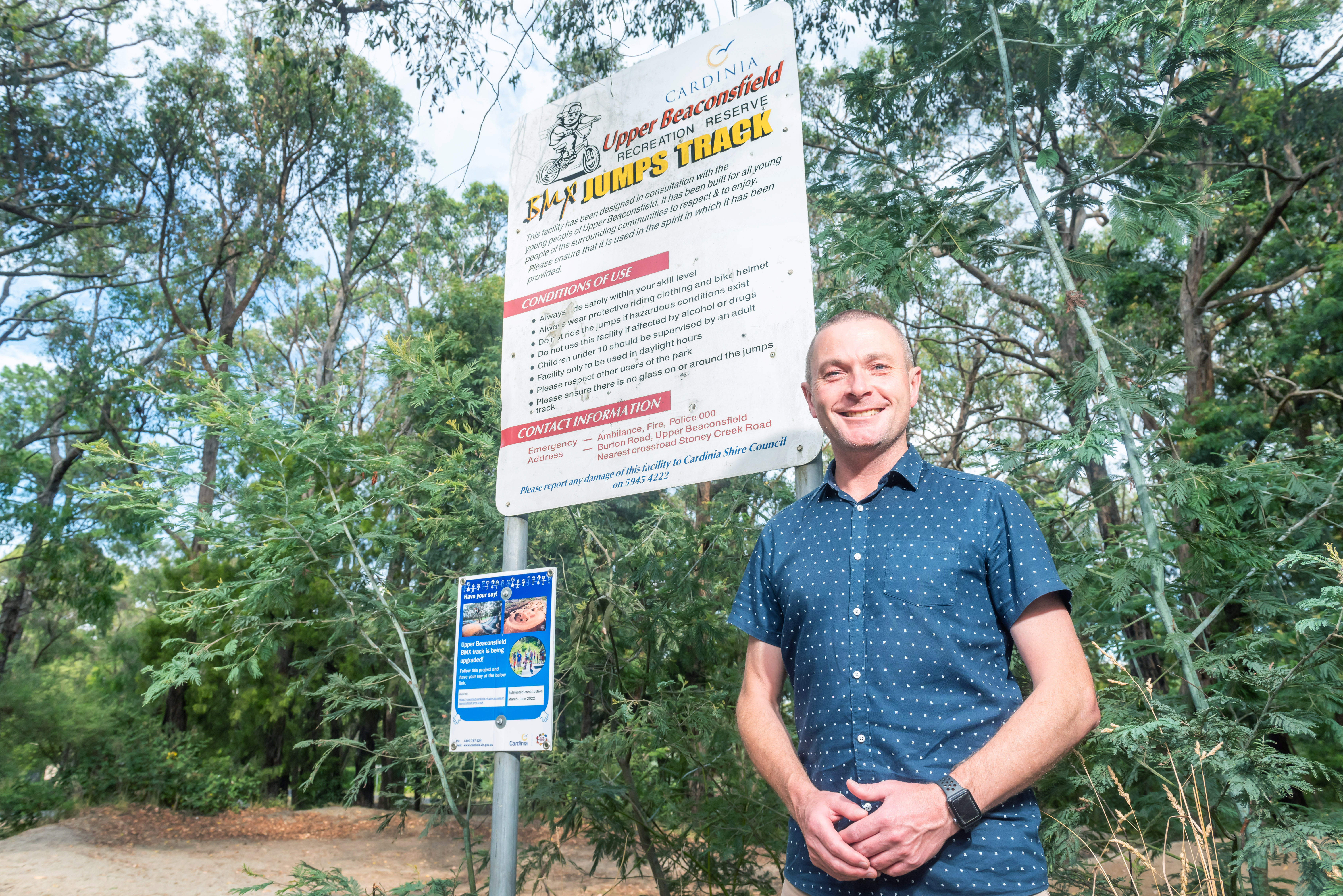 Councillor Owen at BMX track at Upper Beaconsfield Recreation Reserve.