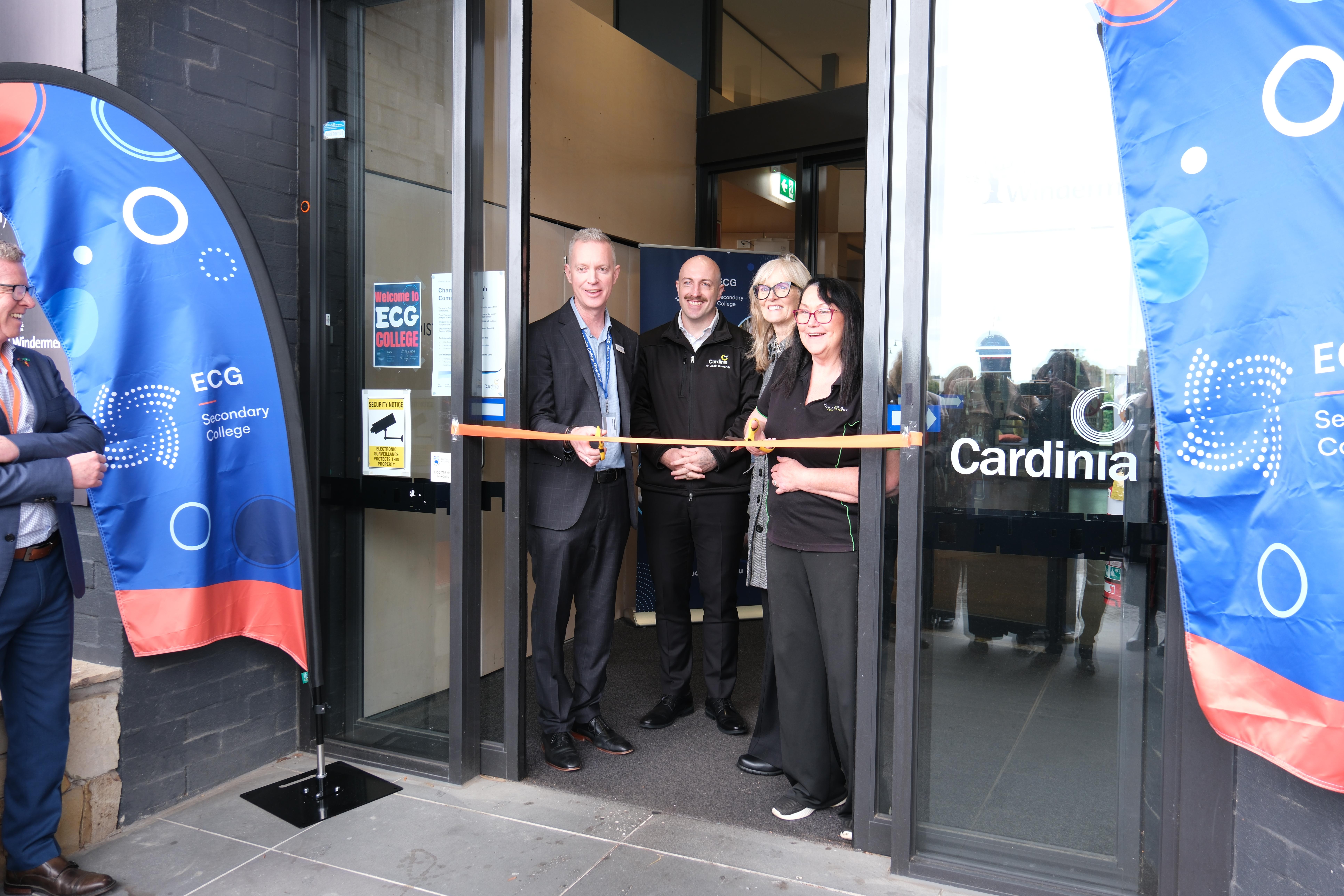 CCG ECG Official Opening - Ribbon Cutting with Community College Gippsland CEO Dale Gemmell, Cardinia Shire Mayor Cr Jack Kowarzik, Windermere Children and Family Services CEO Dr Lynette Buoy, and Lime Box Cafe owner.