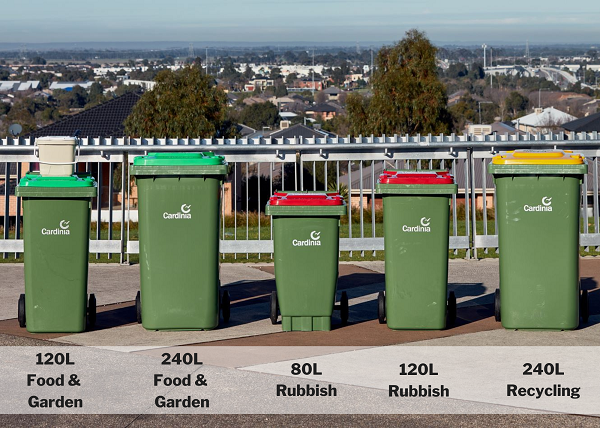 Cardinia Shire Council bins are available in a range of sizes.  120 liter food and garden waste bin, 240 liter food and garden waste bin, 80 liter rubbish bin, 120 liter rubbish bin and 240 liter recycling bin.