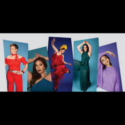 Five women in bright coloured outfits in striking poses, set over rectangles with angled top edges.