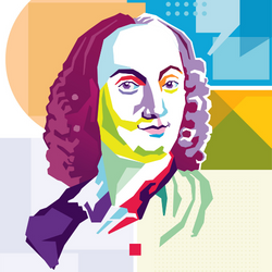 An illustration of Vivaldi, using a variety of colours, placed on a background of various colour s and geometric shapes.