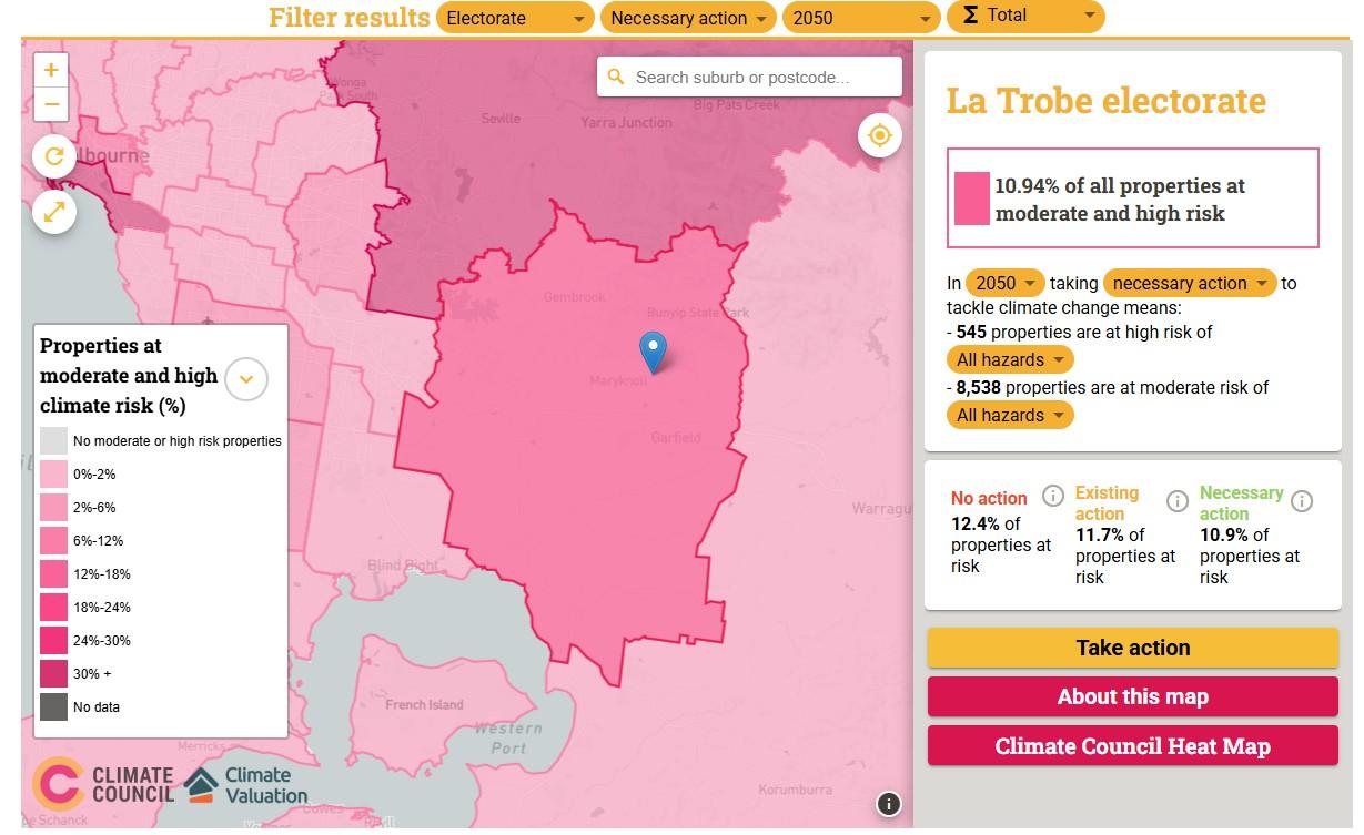 Figure 1: Risk profile for the La Trobe electorate in 2050 assuming ‘necessary action’ is taken