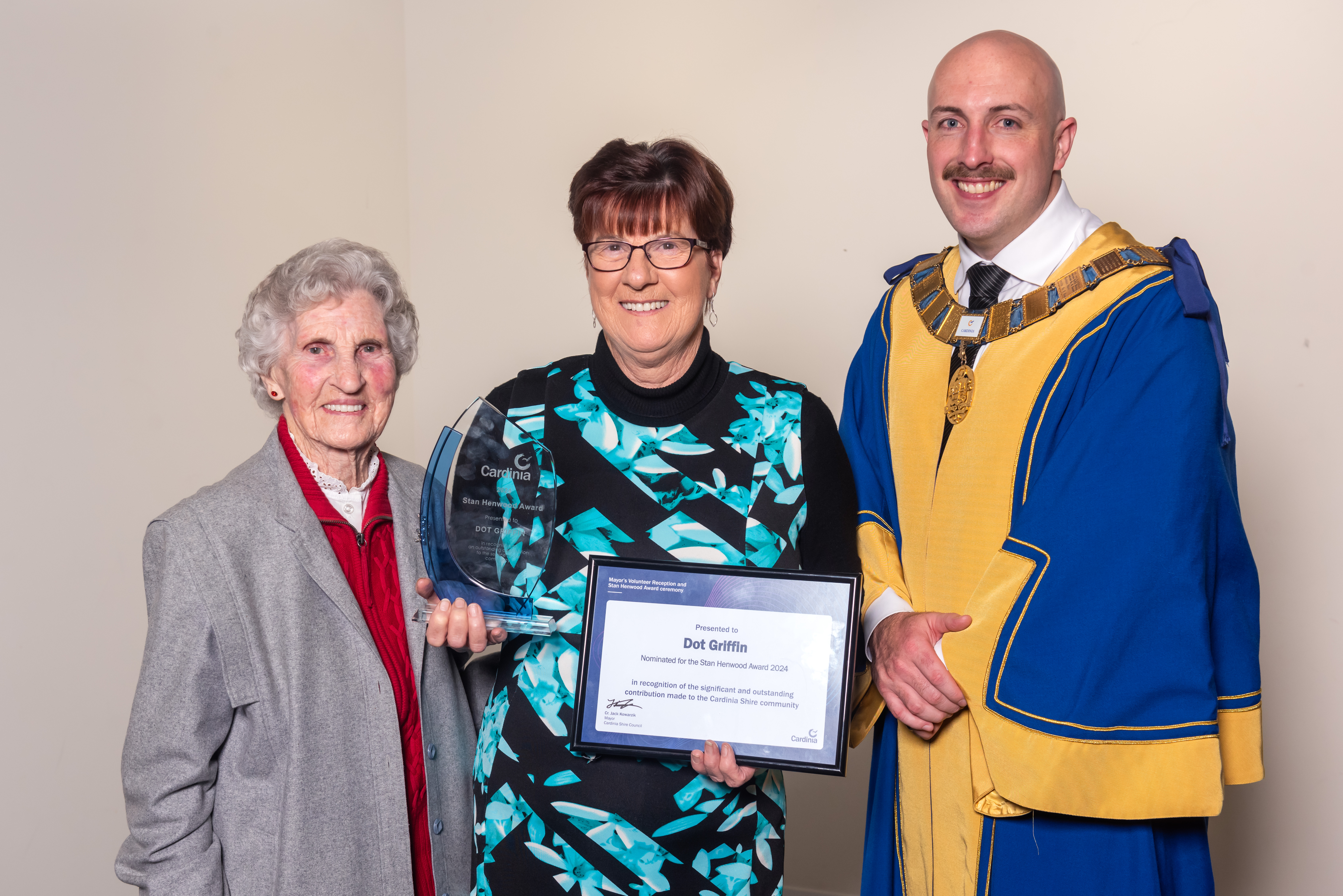 2024 Stan Henwood Award winner Dot Griffin with Cardinia Shire Mayor Cr Jack Kowarzik and Mrs Bev Henwood.