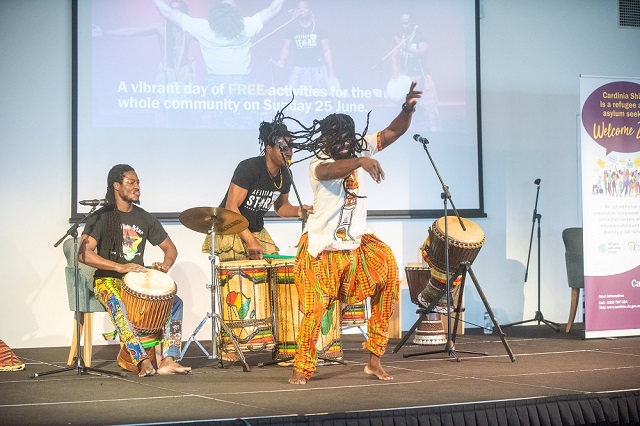 African Star Dance and Drumming performing at the Cardinia’s inaugural Refugee Festival on the main stage, June 2023.