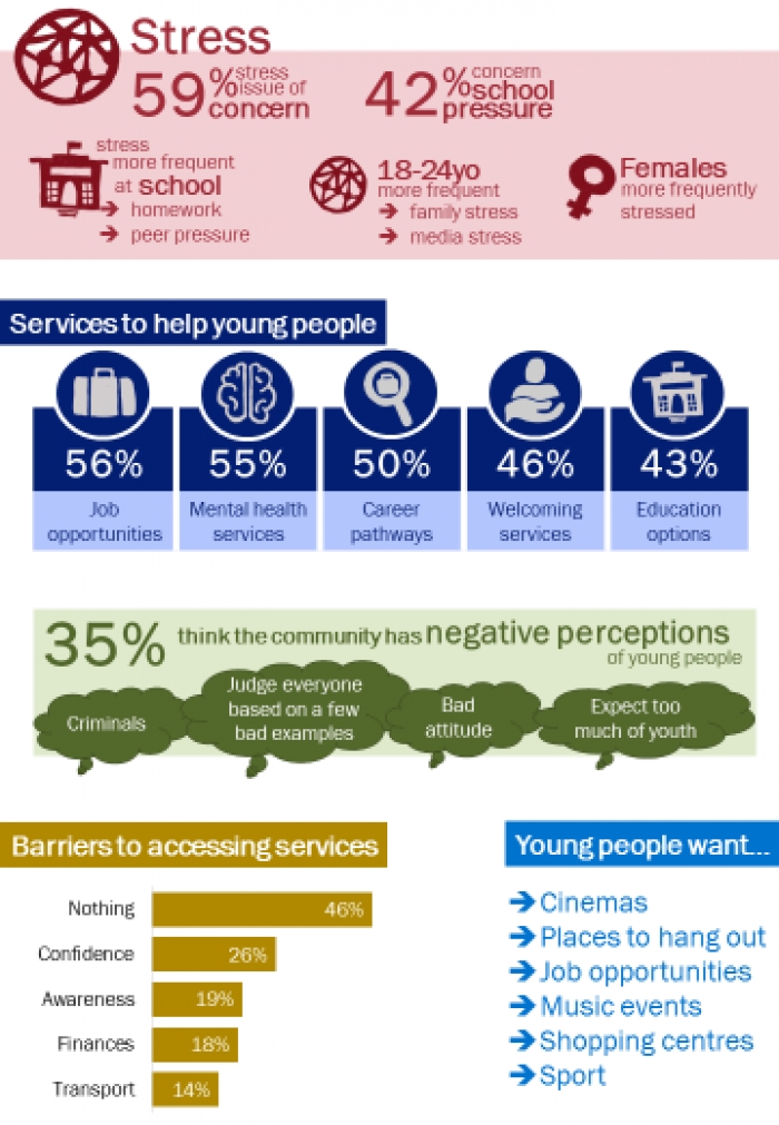 Shows selected results from the Youth Forum survey as a graphical representation. Refer to the full survey on this web page for the results.